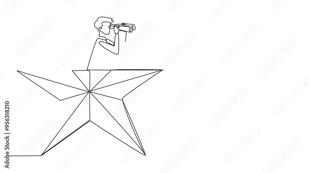 Poster animated self drawing of a single continuous line drawing businessman emerging out of star shape loo