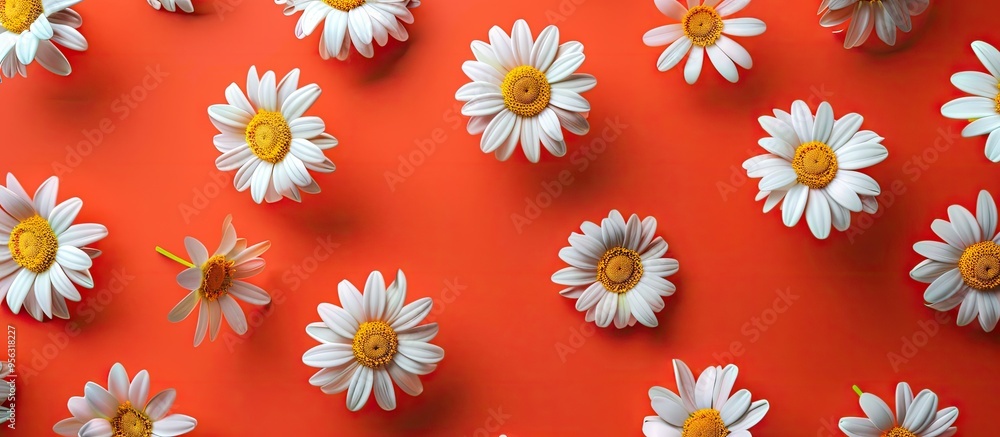Fototapete chamomile flowers displayed on a vibrant backdrop in a flat lay style ideal for a template or mockup