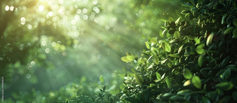 Poster spate of peaceful woodland scene showing sunlight filtering through a dense green forest emphasizing
