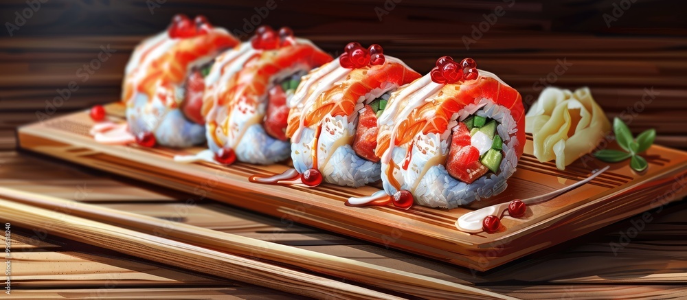 Poster sushi rolls topped with red tobiko and mayonnaise on a wooden plate with chopsticks isolated on a wh