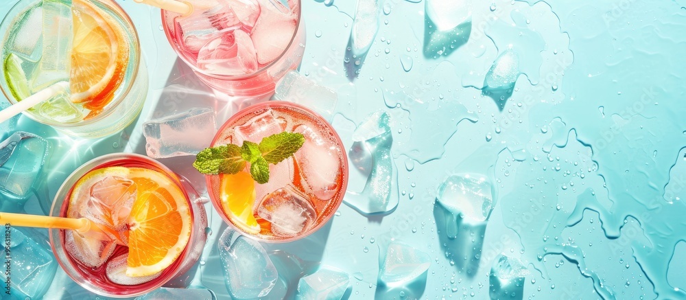 Poster Hydrating with cool drinks on hot days is refreshing especially when enjoyed with friends Ideal for sharing a moment captured in a copy space image