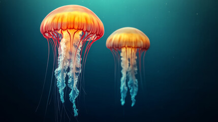 Two orange jellyfish with delicate tentacles gracefully swimming in the deep ocean, creating a mesmerizing underwater scene.
