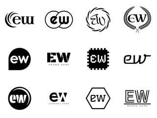 EW logo company template. Letter e and w logotype. Set different classic serif lettering and modern bold text with design elements. Initial font typography.