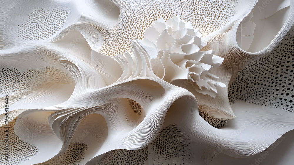 Poster 31. organic, flowing paper shapes with intricate details creating a layered, abstract structure