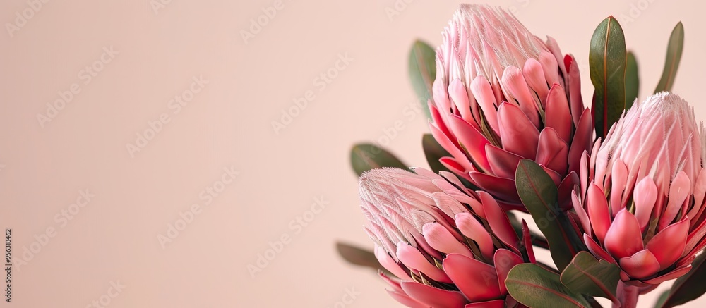 Poster pink protea flowers on a light backdrop with copy space image