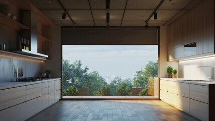 a minimalist kitchen with a single, large window and open space
