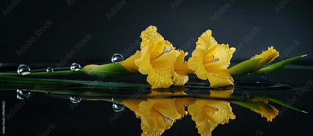 Aufkleber a beautiful yellow gladioli stem with water droplets displayed on a reflective black background idea