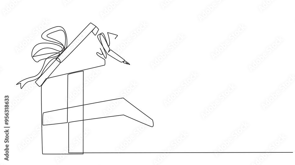Poster self drawing animation of single continuous line drawing businessman emerged from the gift box look 