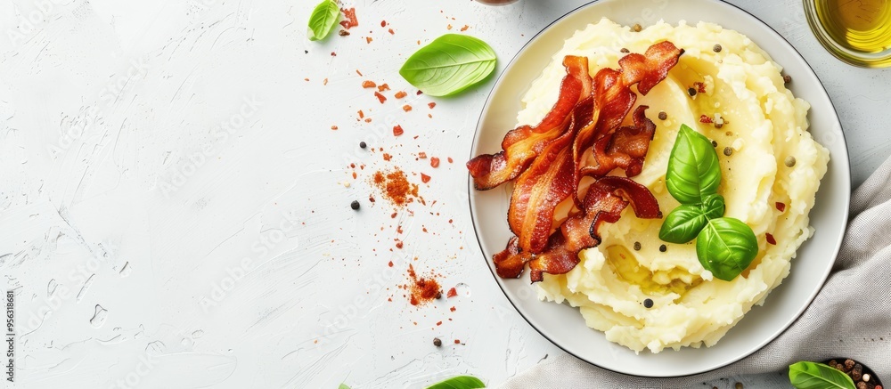 Poster white table with fried bacon mashed potato and basil with ample copy space image