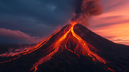 A volcano erupts at sunset, with molten lava cascading down its slopes, painting the sky with dramatic colors.