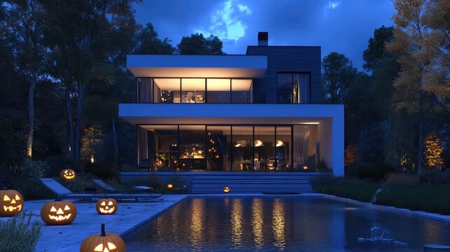 Night View of a Modern House with Halloween Pumpkins, 3D Render Illustration. AI generated illustration.
