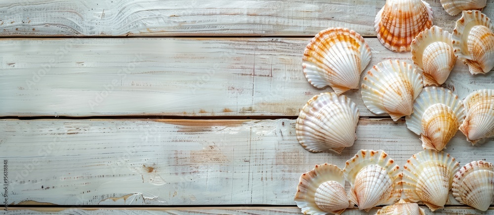 Fototapete Scallops arranged on a wooden surface with a white backdrop seen from above offering a clear space for text or additional elements in the image