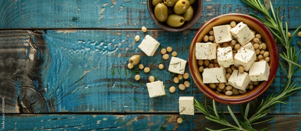 Aufkleber Flat lay composition with appetizing tofu soybeans olives and rosemary arranged on a blue wooden surface providing room for text in a banner design with a copy space image