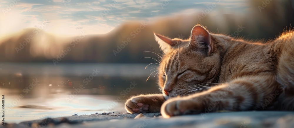 Poster an adorable feline rests gracefully by the waterfront with ample copy space image