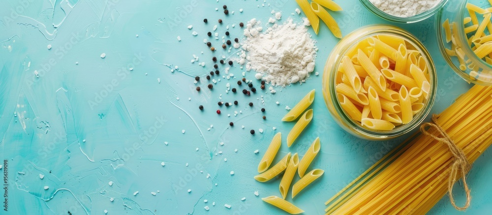 Poster ingredients for cooking present in an image of italian red grape spaghetti penne pasta salt flour an