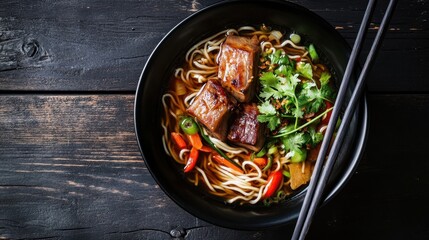 A delicious noodle soup with pork ribs and vegetables in a black bowl, resting on a wooden table, ready to be enjoyed