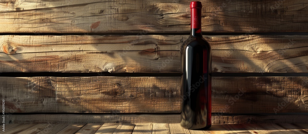 Poster red wine bottle displayed on a rustic wooden surface with copy space image
