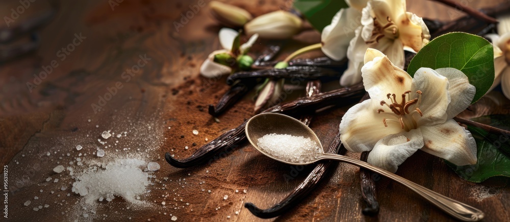 Leinwandbilder close up view of vanilla pods flowers and leaves with a sugar filled spoon displayed on a wooden tab