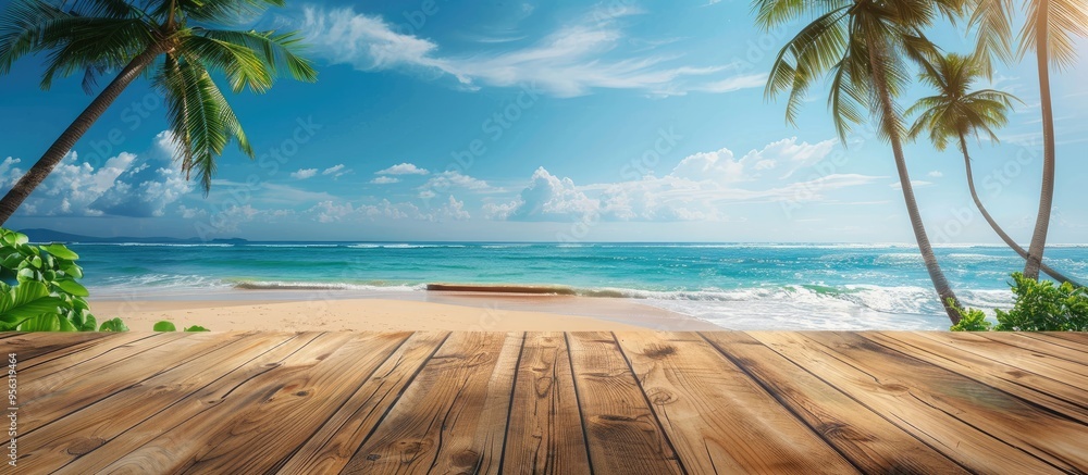 Aufkleber Wooden table with open view to a sunny tropical beach and palm trees perfect for presenting summer items or ad displays with copy space image