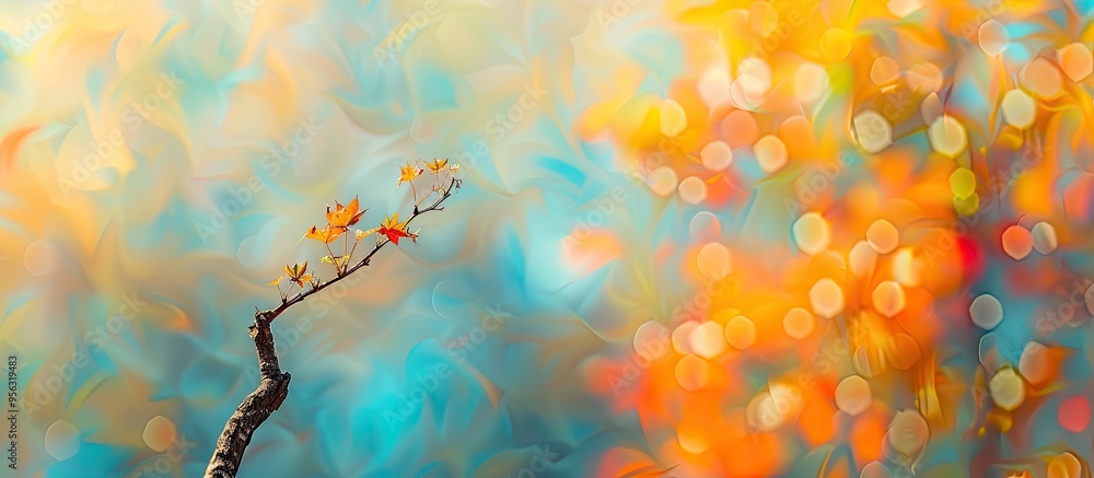 Poster An autumn hued maple tree branch stands alone against a sunny blue sky backdrop with a blurred background of bright yellow and orange fall leaves perfect for a copy space image