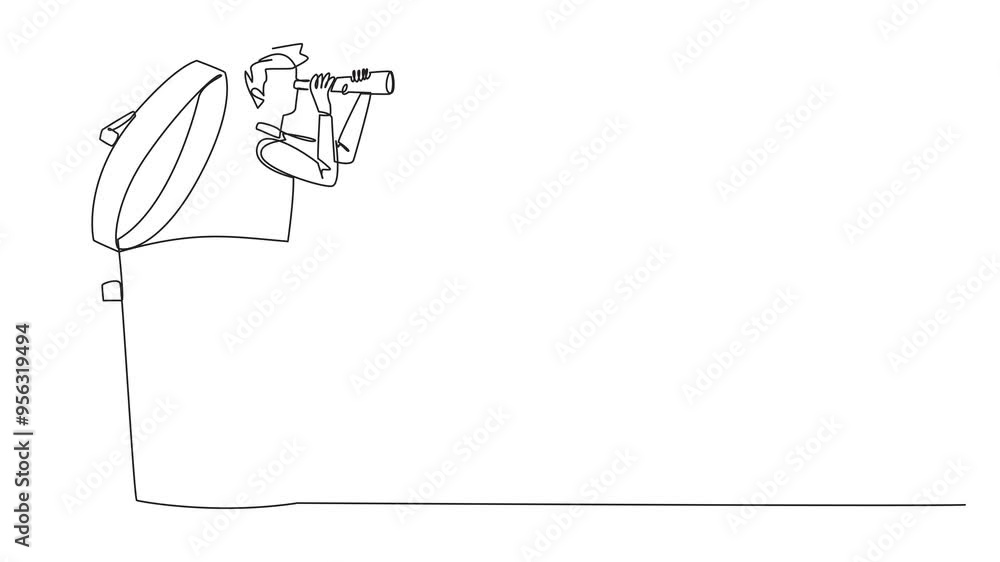 Poster self drawing animation of single continuous line drawing businessman emerges from a trash can lookin