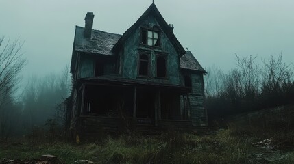 Obraz premium Old Abandoned Haunted House, Spooky Halloween Setting, 3D Render Illustration. AI generated illustration.