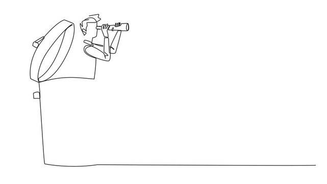 Self drawing animation of single continuous line drawing businessman emerges from a trash can looking for something through binoculars. Entrepreneurs are looking for scapegoat. Full length animated