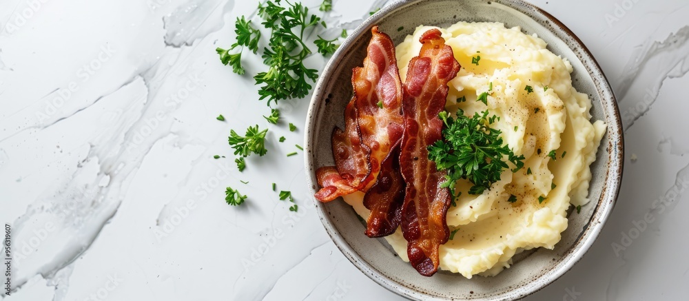 Aufkleber top down view of crispy bacon creamy mashed potatoes and fresh parsley on a white marble surface lea