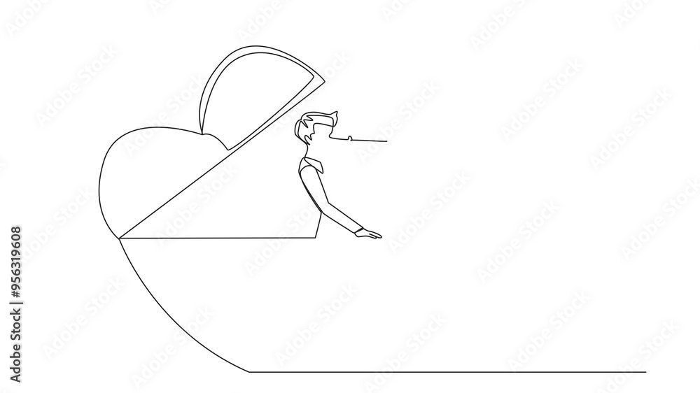 Poster self drawing animation of single one line drawing businessman emerges from the shape of a heart look