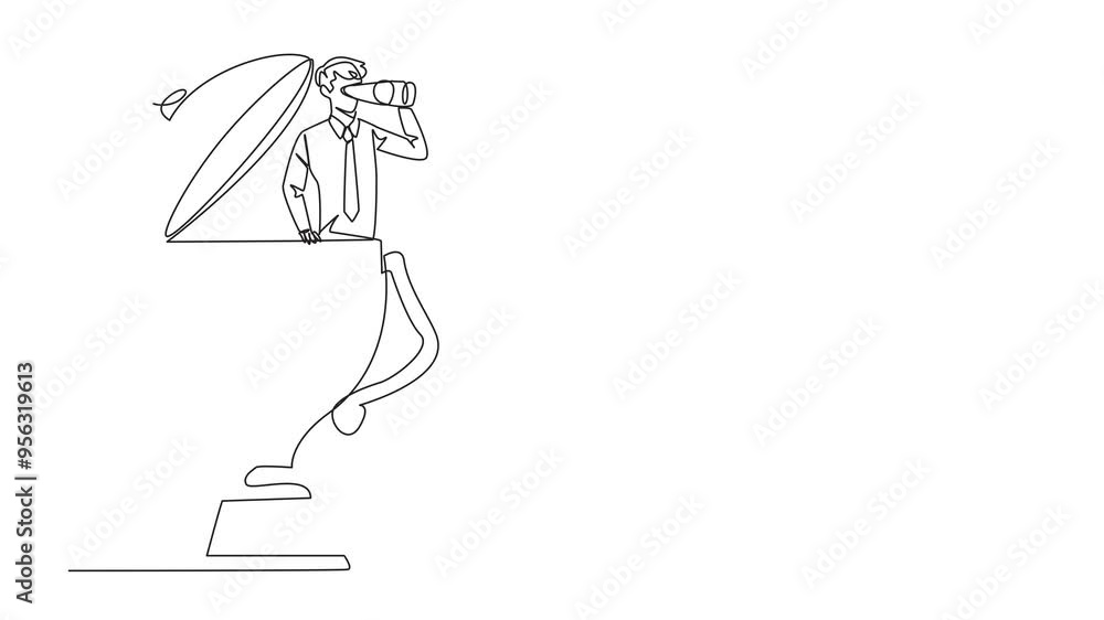 Poster animated self drawing of continuous one line drawing businessman emerges from trophy looking for som