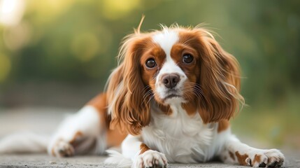  A cavalier king charles spaniel lying on the ground in a park