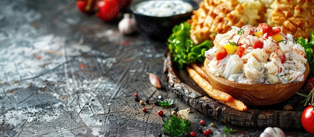 Poster An appetizing meal with creamy crab stick stuffing and fresh cream cheese arranged on a rustic table with a clear copy space image in the background