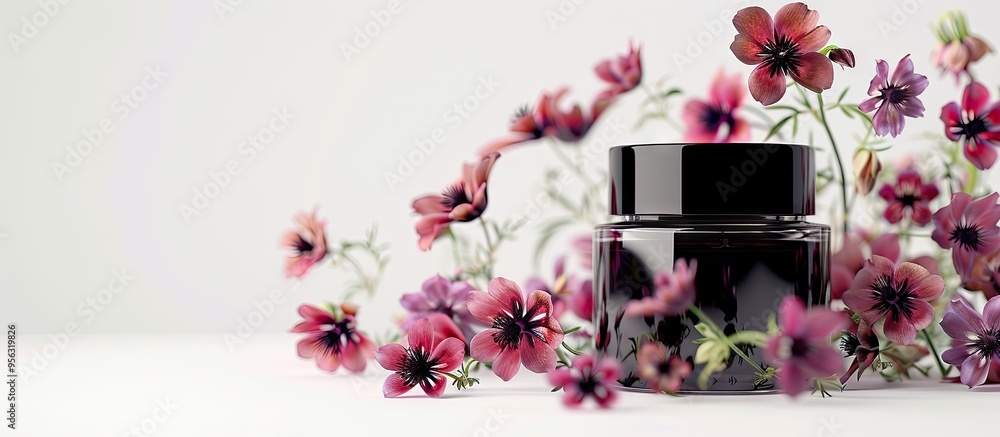 Poster cosmetic product display featuring aquilegia flowers reflected in a black mirrored jar set against a
