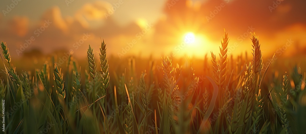 Aufkleber sunset illuminating lush green wheat field with copy space image