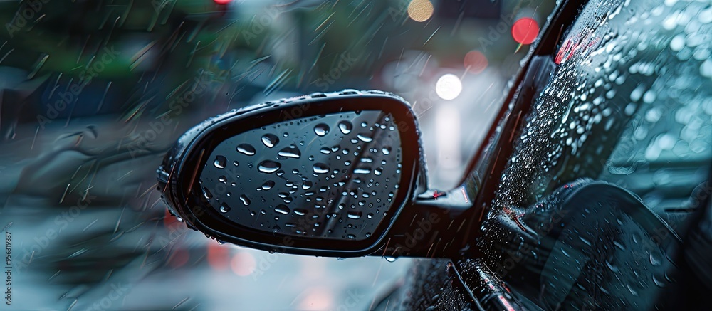 Aufkleber close up image of water droplets on a car s side mirror and windows with empty copy space posing a r