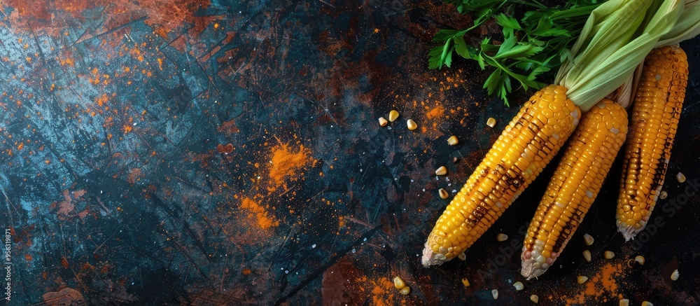 Poster freshly boiled corn on the cob a natural and appetizing snack on the table with a rustic top view ba