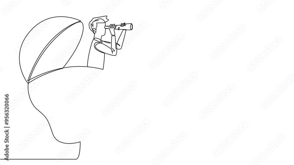 Poster animated self drawing of continuous one line drawing businessman emerges from lightbulb look for som