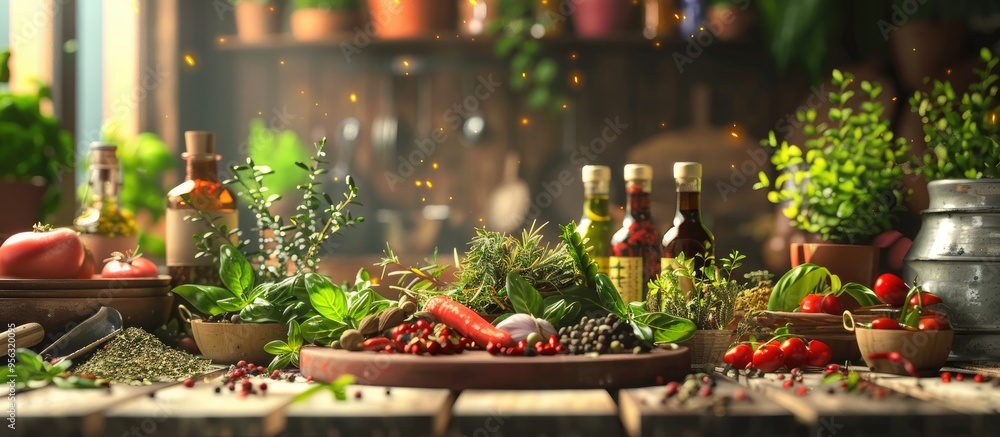 Poster Table adorned with assorted herbs and spices infusing the kitchen with vivid hues and delightful fragrances Copy space image included