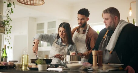 Couple, cooking and chef in kitchen for education for meal prep, teaching class or hospitality industry of nutrition. People, instructor and masterclass for learning culinary, food and instructions