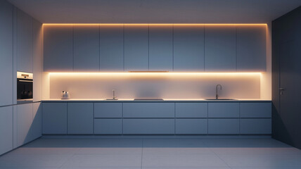 a minimalist kitchen with an all-white color scheme and integrated lighting