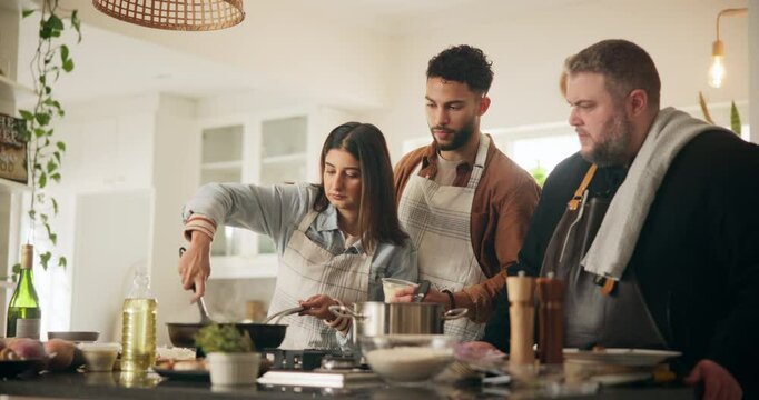 Couple, cooking and chef in kitchen for education for meal prep, teaching class or hospitality industry of nutrition. People, instructor and masterclass for learning culinary, food and instructions