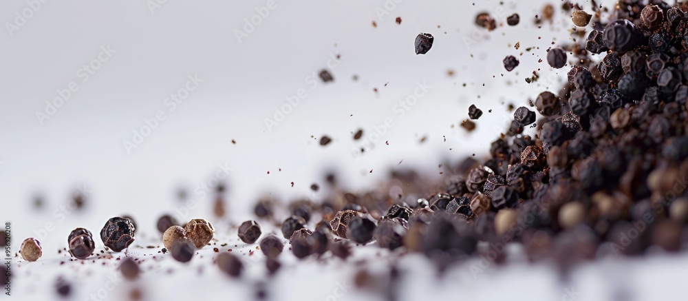 Poster macro shot of black ground pepper on a white backdrop with copy space image