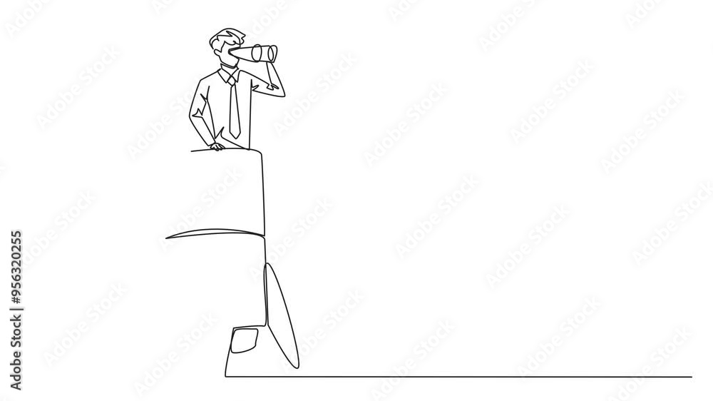 Poster self drawing animation of continuous one line drawing businessman emerges from the rocket looking fo