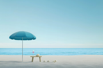 A wine glass on a wooden table with seashells, against a sunny beach with a blue sea and umbrella.