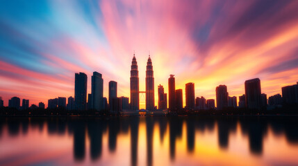 Fototapeta premium Vibrant city skyline with twin towers, set against a colorful sunset, with motion blur effects creating dynamic visual motion.