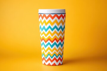 Fototapeta premium A colorful, patterned cup against a bright yellow background.