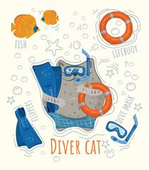 Cat diver in mask and flippers with lifebuoy in paws. Vector illustration of cute animal and fish. Cat underwater near yellow fish and bubbles. For t-shirts, clothes, greeting cards