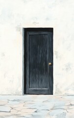 A simple, black door set against a white wall, inviting exploration and sparking curiosity.