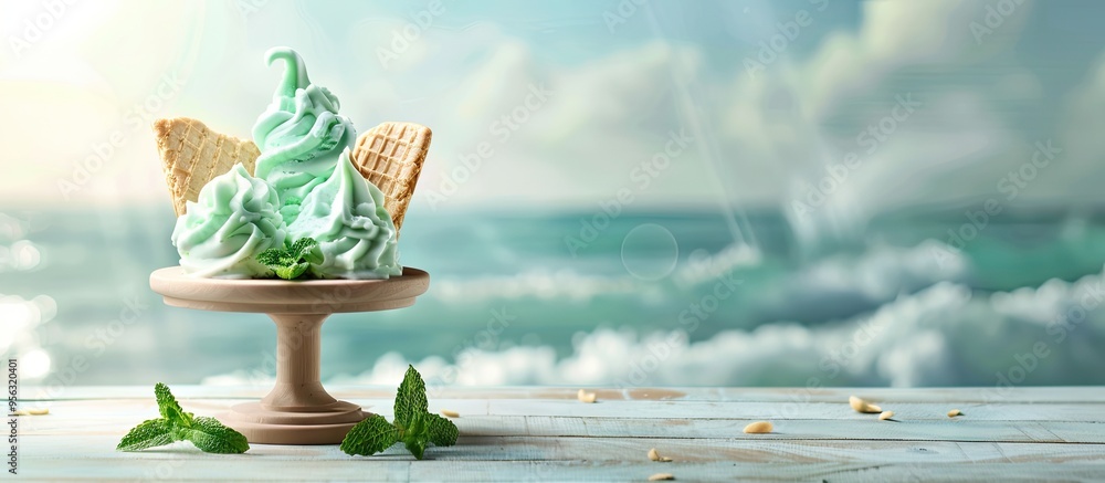 Poster mint ice cream in wafers displayed on a wooden stand on a table with a blurry sea backdrop in shades