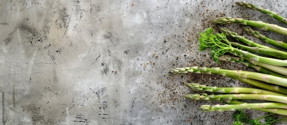 Poster top view of fresh asparagus on a concrete surface with copy space image